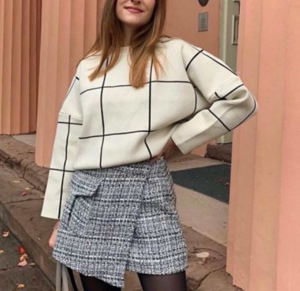 Chicwish Women's Grid Round Neck Wool Blend Sweater Cream Black Size L/XL